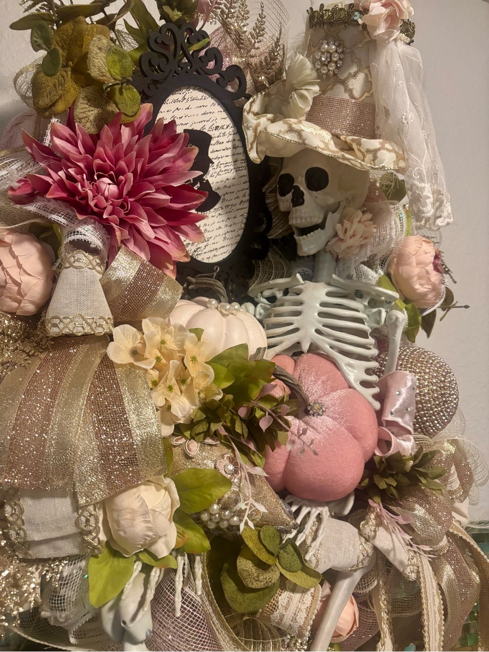 Pink & Cream Luxury Large Halloween Skeleton Custom Floral Wreath!! °ʚ🎀ɞ°